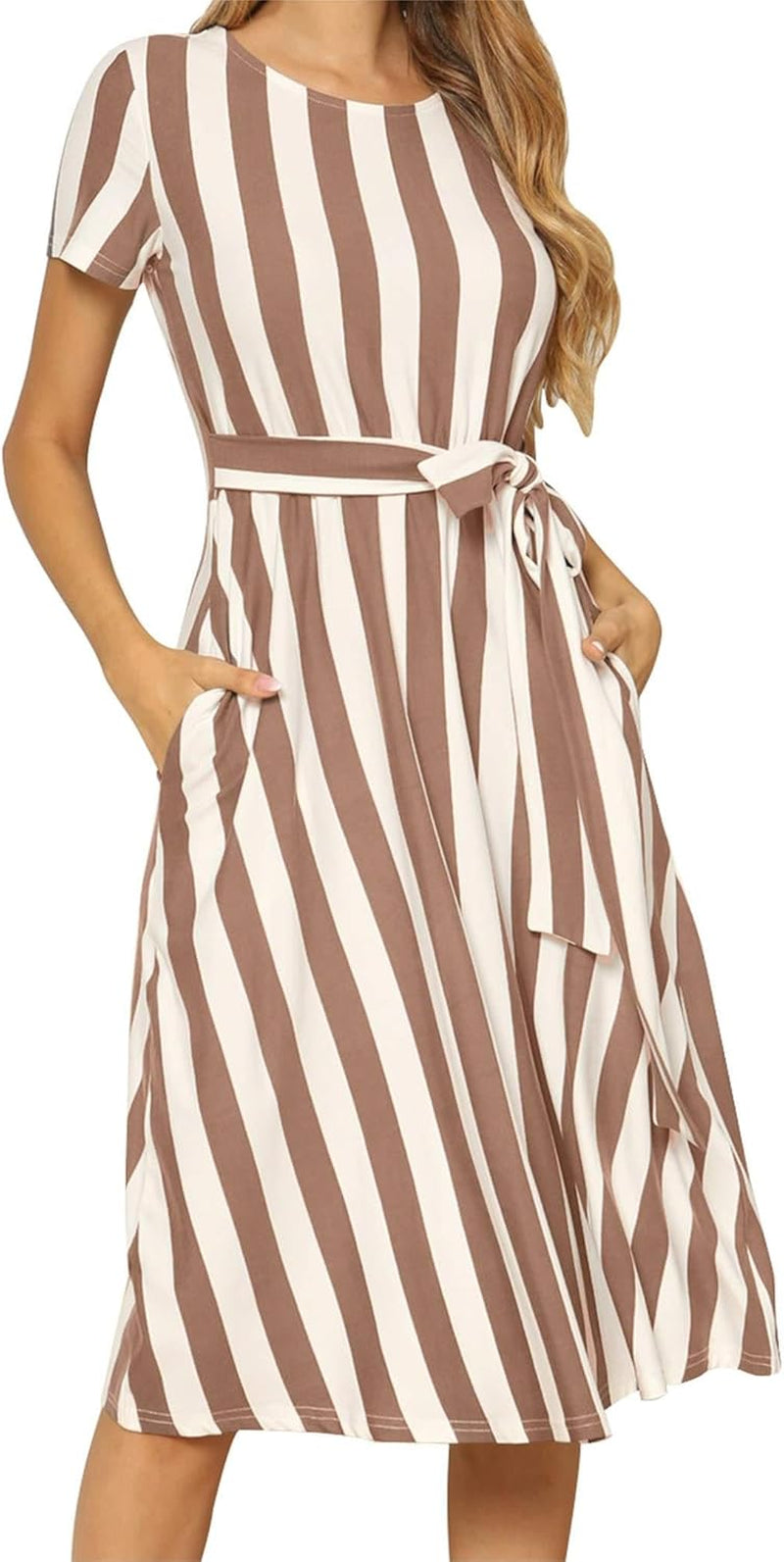 Women'S Short Sleeve Striped Casual Flowy Midi Belt Dress with Pockets